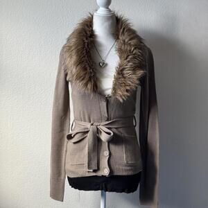 ੈ✩‧₊˚y2k style brown knit faux fur collar button up waist tie cardigan